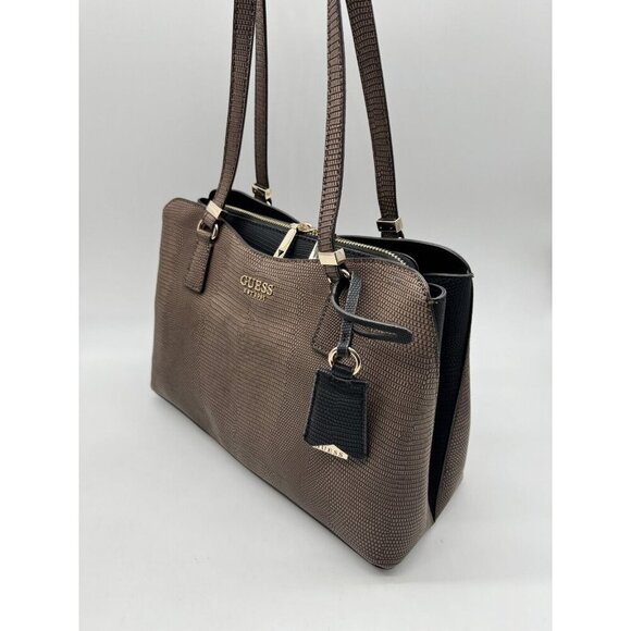 GUESS Lyndi Girlfriend croc embossed large satchel - Brown/Black - Picture 10 of 16